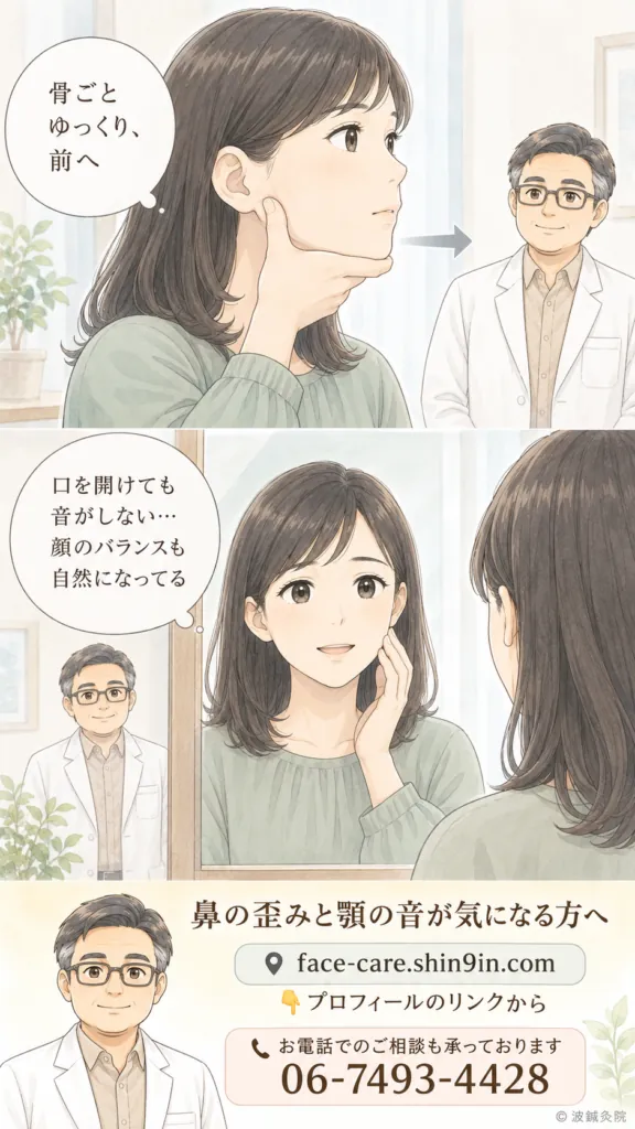 顎のバランスを整えるセルフケアの動作と施術後の変化を描いたInstagram縦型漫画。鼻の歪みと顎の音のセルフケアがテーマ。