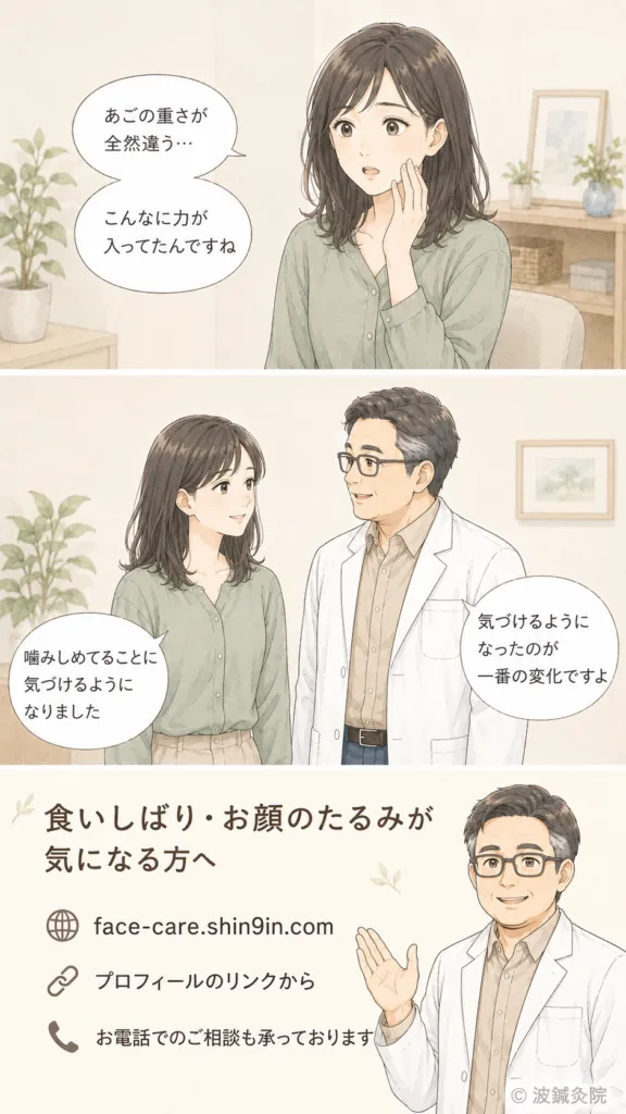 食いしばりのケア後にあご周りの軽さを実感し、噛みしめの癖への気づきを得た女性の変化を描いた縦型漫画。